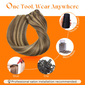 Sunny Hair versatile application methods: sewing, clip-in, tape-in, micro-ring.