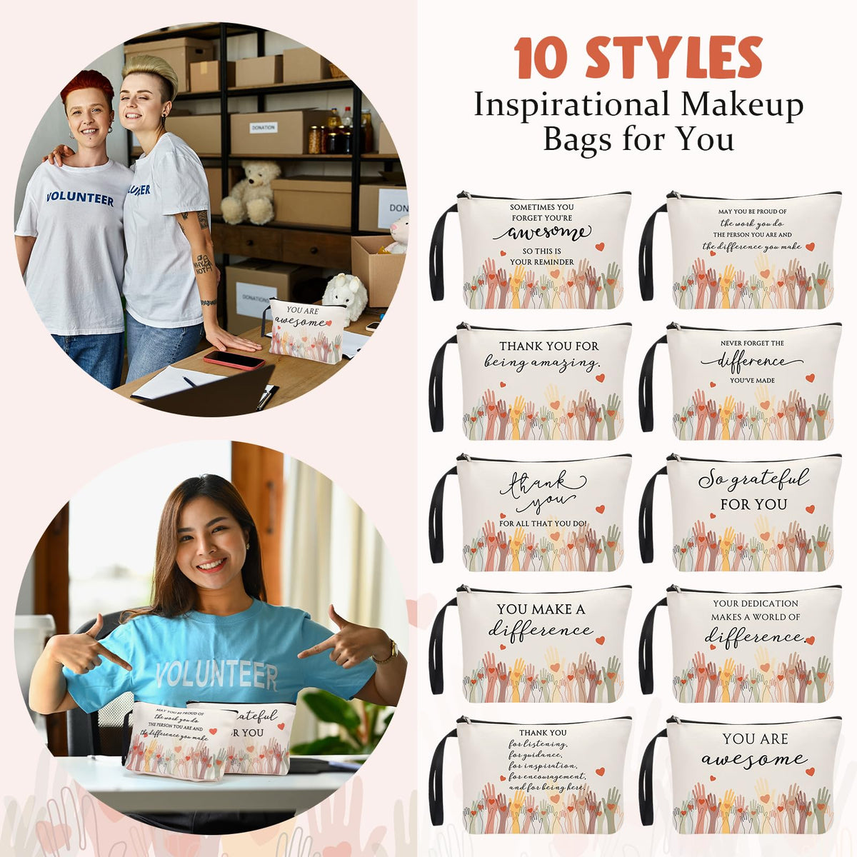 Sunnymove white-toned makeup bags with compact size, suitable for backpacks and totes.