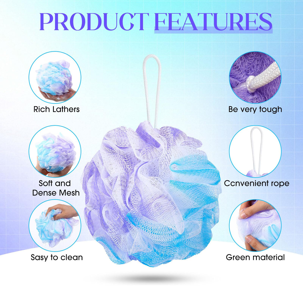 Sunnyray loofah with white lanyard hanging for quick drying.