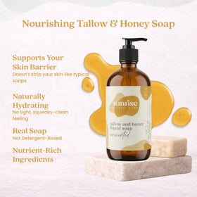 Sunrise Natural Care glass bottle highlighting premium packaging and clean ingredients for daily rituals.
