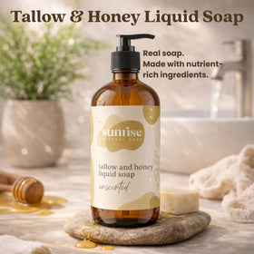 Sunrise Natural Care tallow and honey liquid soap close-up showing creamy lather for gentle cleansing.