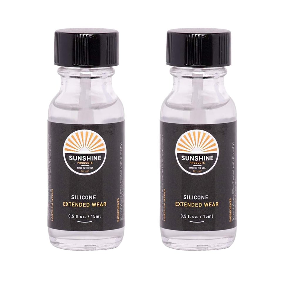 Sunshine Bond bottle close-up showing thin silicone adhesive for extended wear.