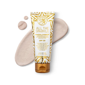 Sunshine & Glitter bottle with SPF 30 glitter sunscreen for beach days, broad-spectrum protection