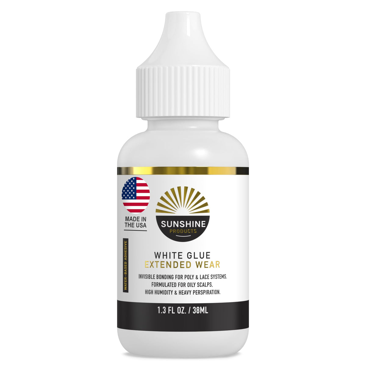 Sunshine Hair Replacement Glue bottle demonstrates extended hold for durable wear.