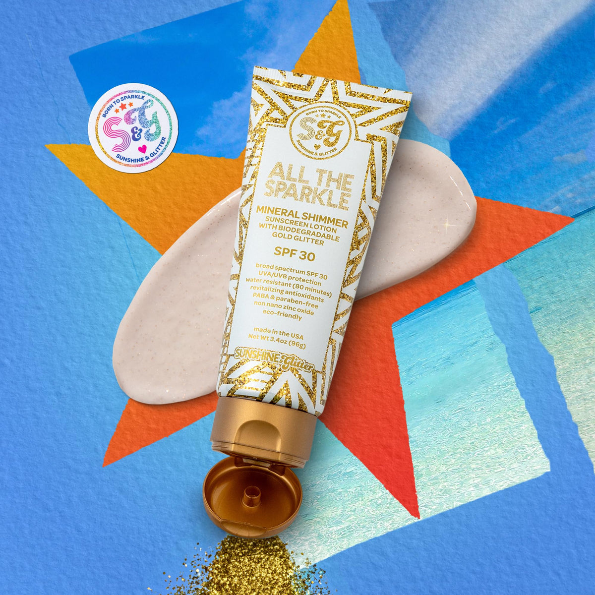 Sunshine & Glitter mineral shimmer SPF 30 keeps you glowing on sunny adventures