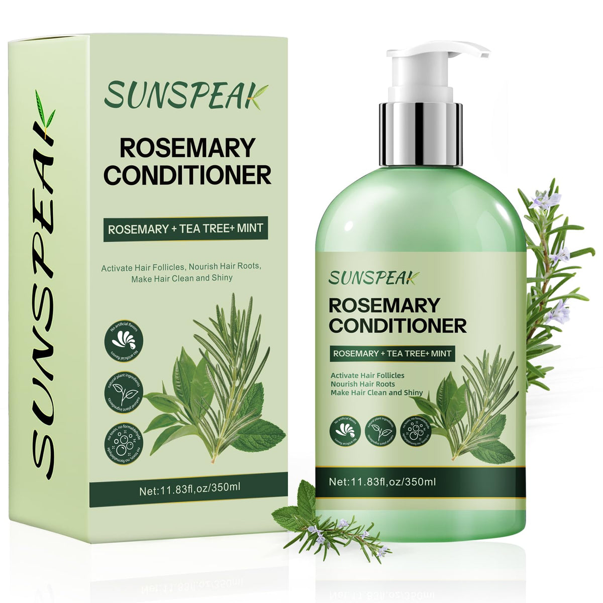 Sunspeak rosemary conditioner bottle with mint and rosemary for nourished, manageable hair.