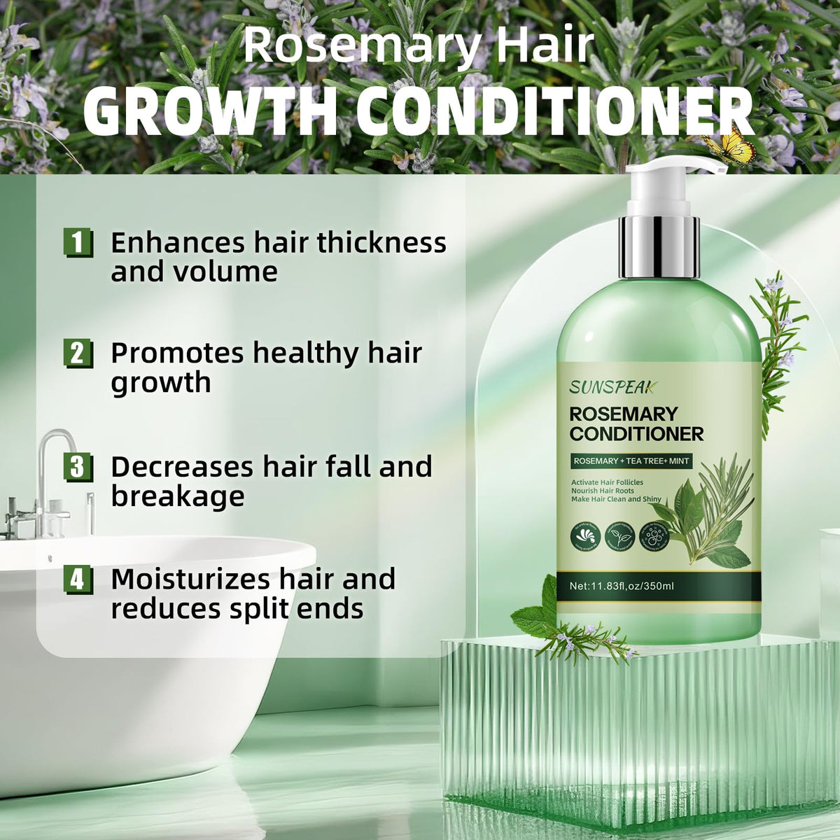 Sunspeak rosemary conditioner packaging on shelf evokes a refreshing rosemary-mint experience.
