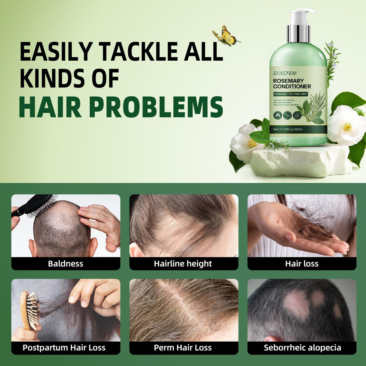 Sunspeak rosemary conditioner bottle with mint and tea tree visuals suggests scalp-refreshing aroma.