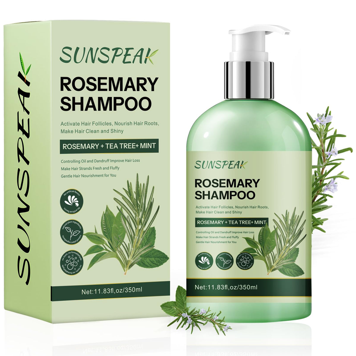 Sunspeak Rosemary Shampoo bottle front promotes hair thickening and regrowth potential.