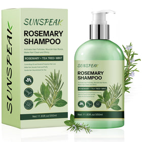 Sunspeak Rosemary Shampoo bottle front promotes hair thickening and regrowth potential.