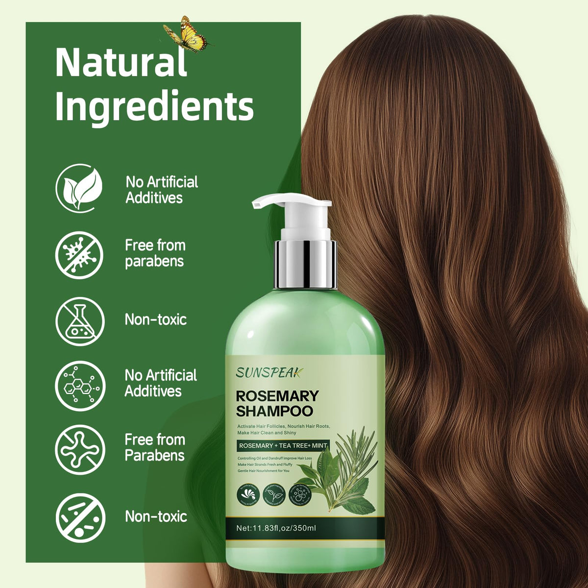 Sunspeak Rosemary Shampoo packaging highlights sulfate-free, gentle formula.
