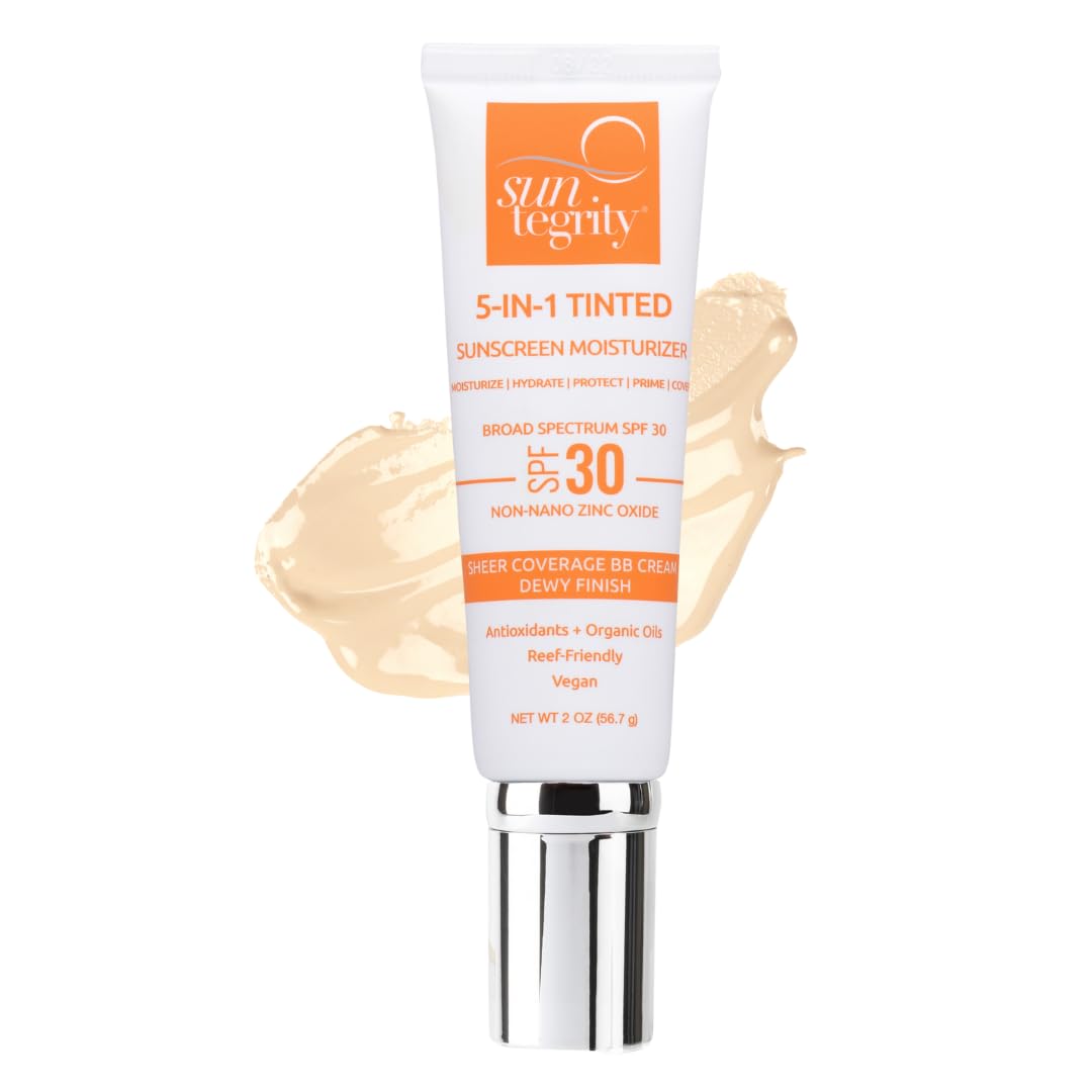 Suntegrity 5-in-1 tinted sunscreen bottle with SPF 30 delivering sheer, non-greasy color.