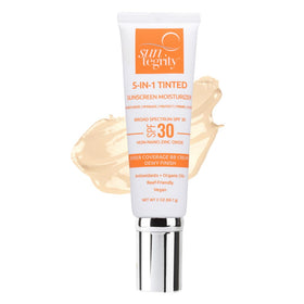 Suntegrity 5-in-1 tinted sunscreen bottle with SPF 30 delivering sheer, non-greasy color.