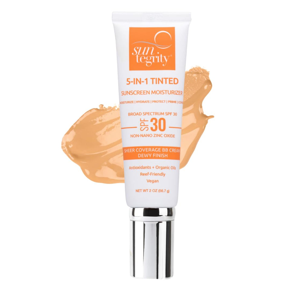 Suntegrity Tinted 5 in 1 mineral sunscreen bottle with SPF 30 for daily protection