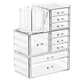 SuoXing 3-pack clear acrylic makeup organizer on vanity keeps cosmetics neatly organized.