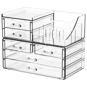 SuoXing clear acrylic makeup organizer with six-drawer vanity setup keeps cosmetics organized and accessible.