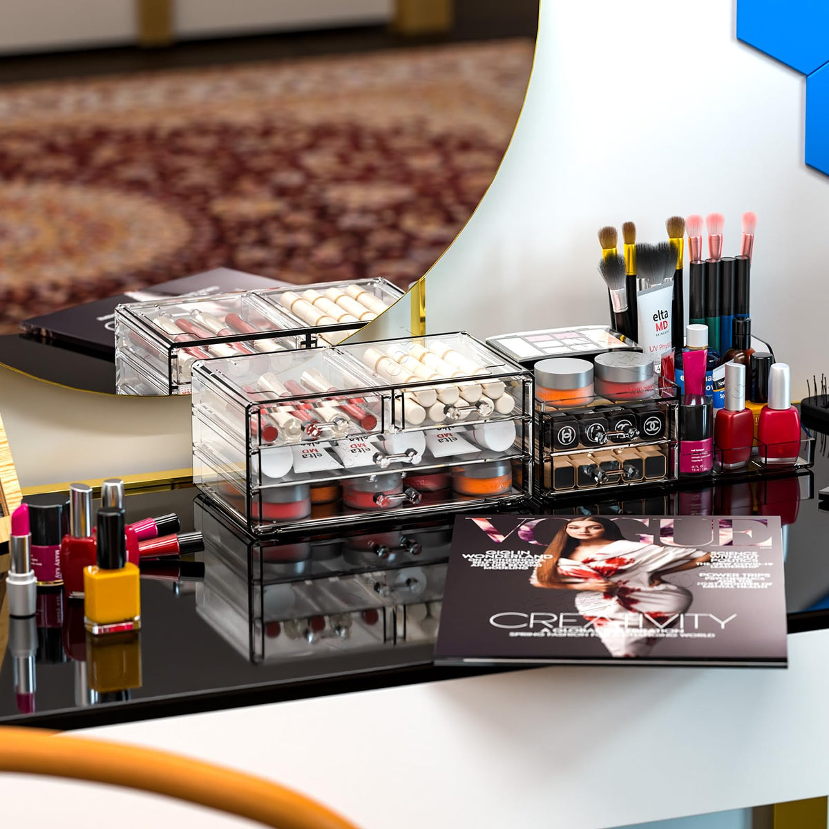 SuoXing makeup counter organizer helps skincare and cosmetics stay tidy on countertops.