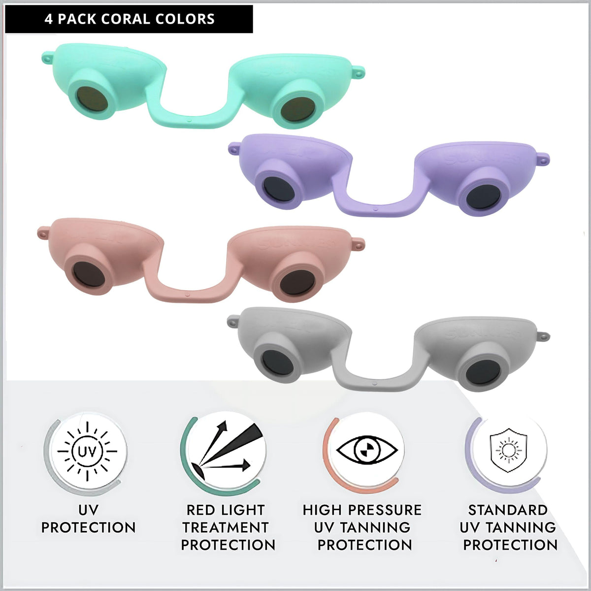 Four-pack display of EVO FLEX goggles for indoor tanning booths and salons.