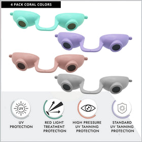 Four-pack display of EVO FLEX goggles for indoor tanning booths and salons.