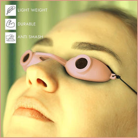 Goggles suitable for red light therapy and UV tanning in spa environments.