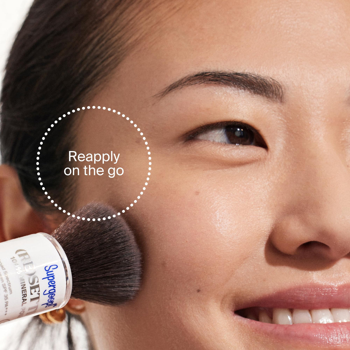 Supergoop! Coated silica spheres diffuse light for a soft-focus finish.