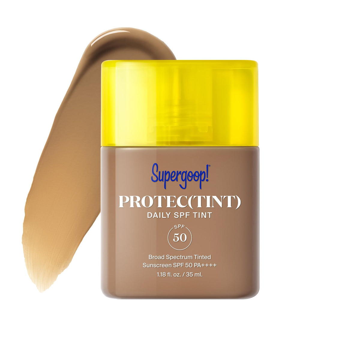 Supergoop Protec-tint bottle front shows lightweight SPF 50 protection.