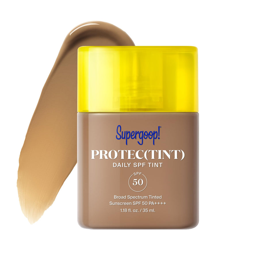 Supergoop Protec-tint bottle front shows lightweight SPF 50 protection.