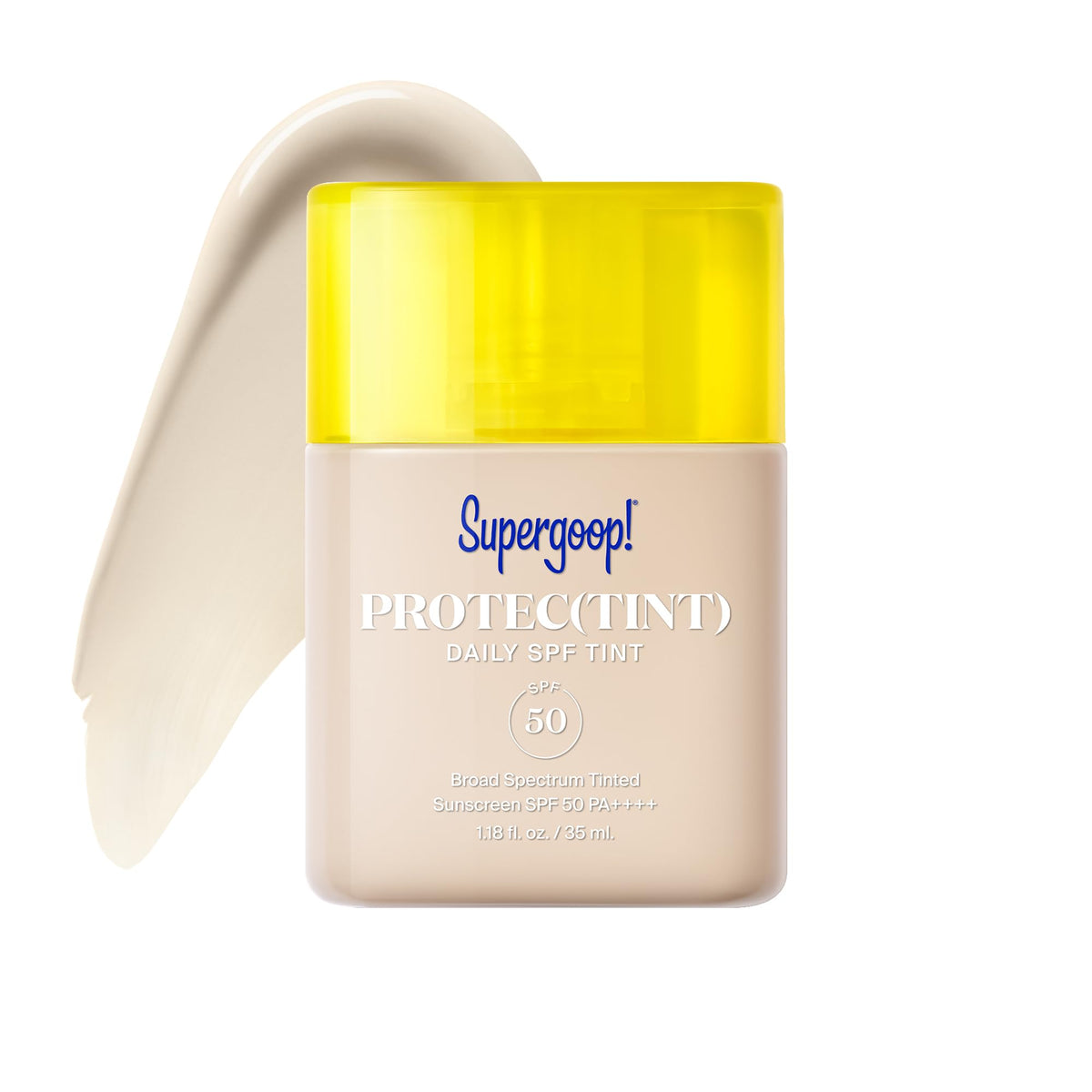 Supergoop! Protec-tint bottle closeup showing SPF 50 protection