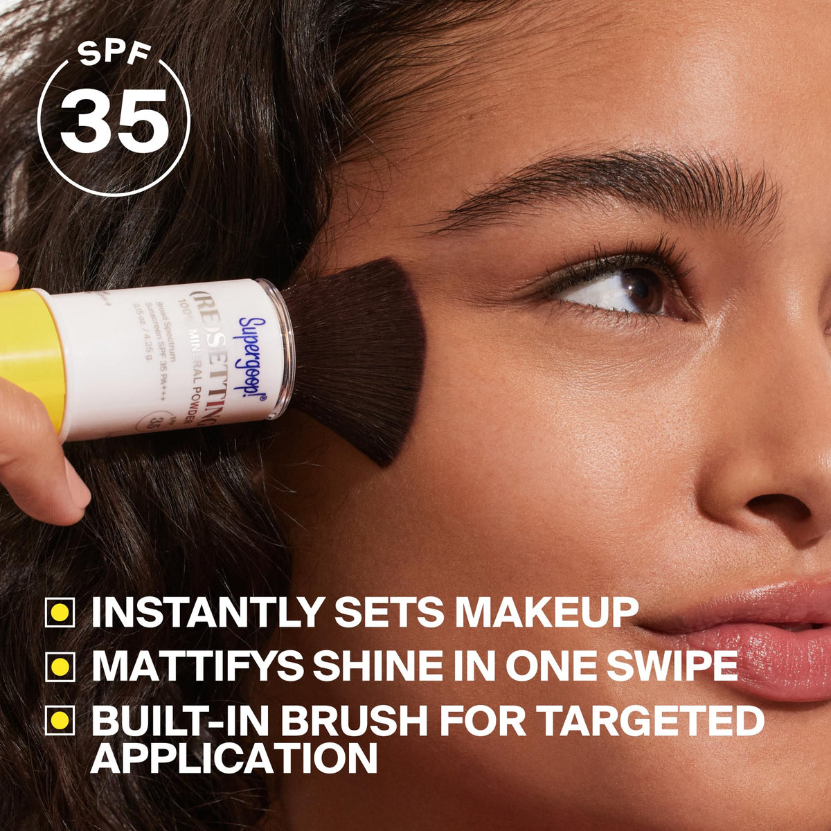 Supergoop! SPF35 mineral powder image highlighting zinc oxide protection.