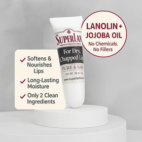Kosher-certified label is visible on Superlan lip balm packaging.