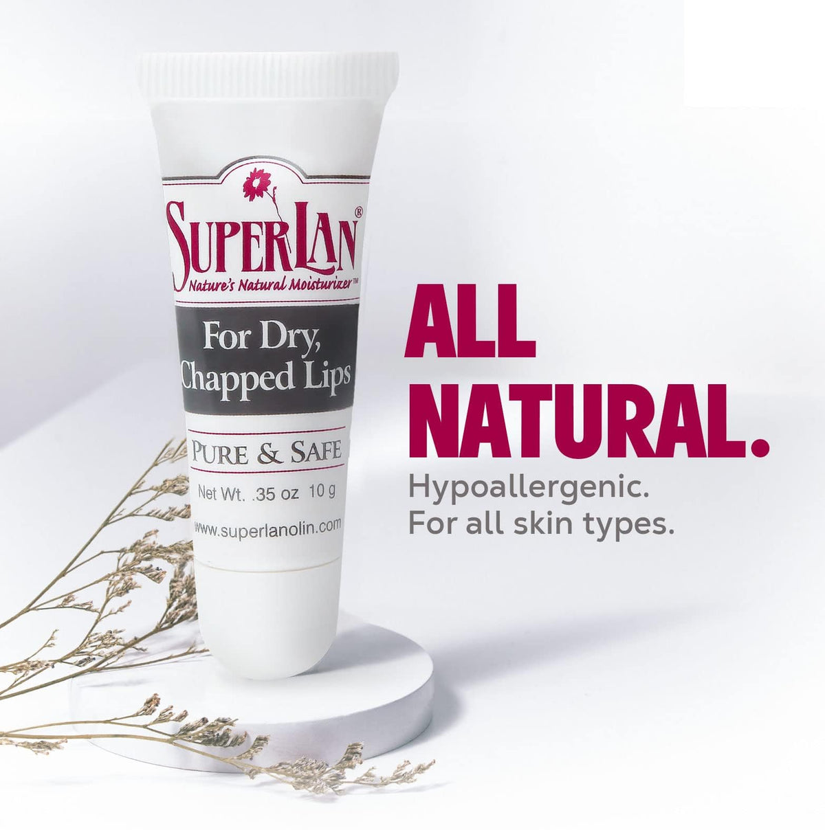 Label highlighting organic ingredients on Superlan lip balm.