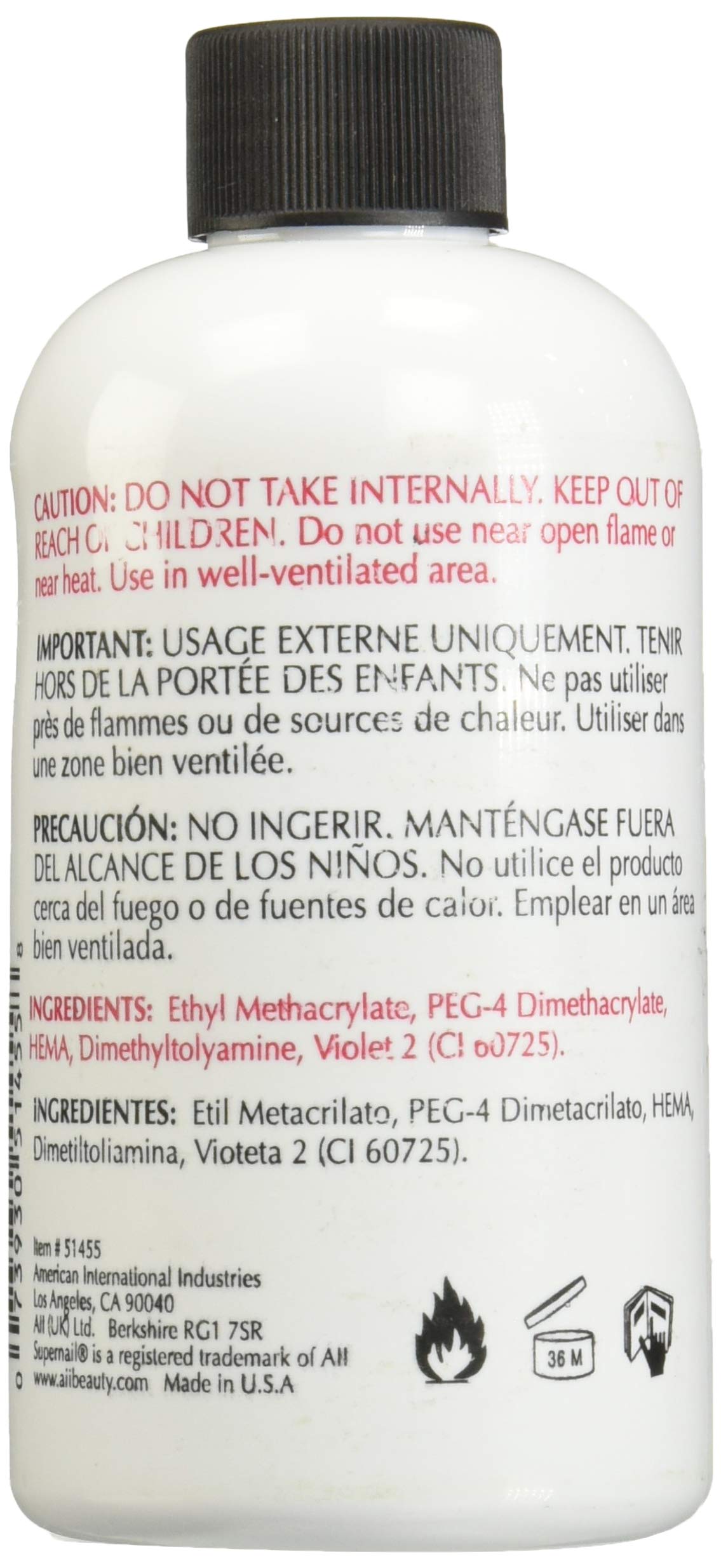 SuperNail Nail Liquid 8oz ingredients label highlights safe-use materials for nails.