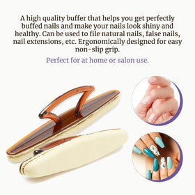 Close-up of the buffer's chamois texture delivering a polished, glossy finish on nails.