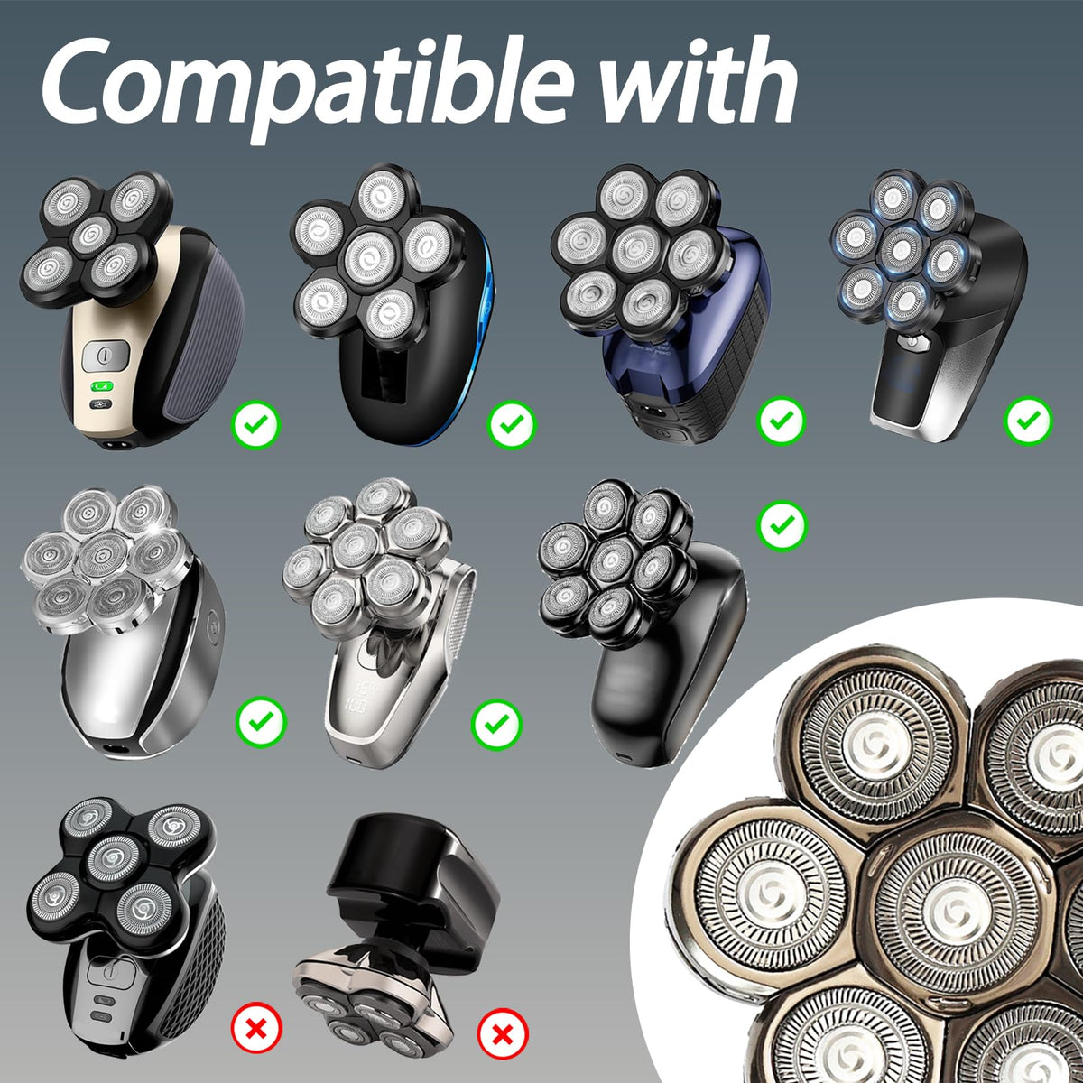 SUPERNB SHPAVER-compatible heads image demonstrates wide compatibility across major rotary shavers.