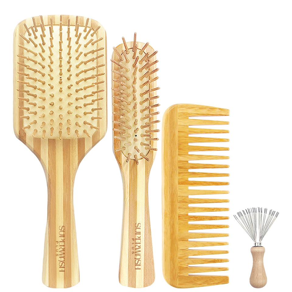 SUPERWASH PLUS bamboo paddle brush pair for smooth, detangled hair.