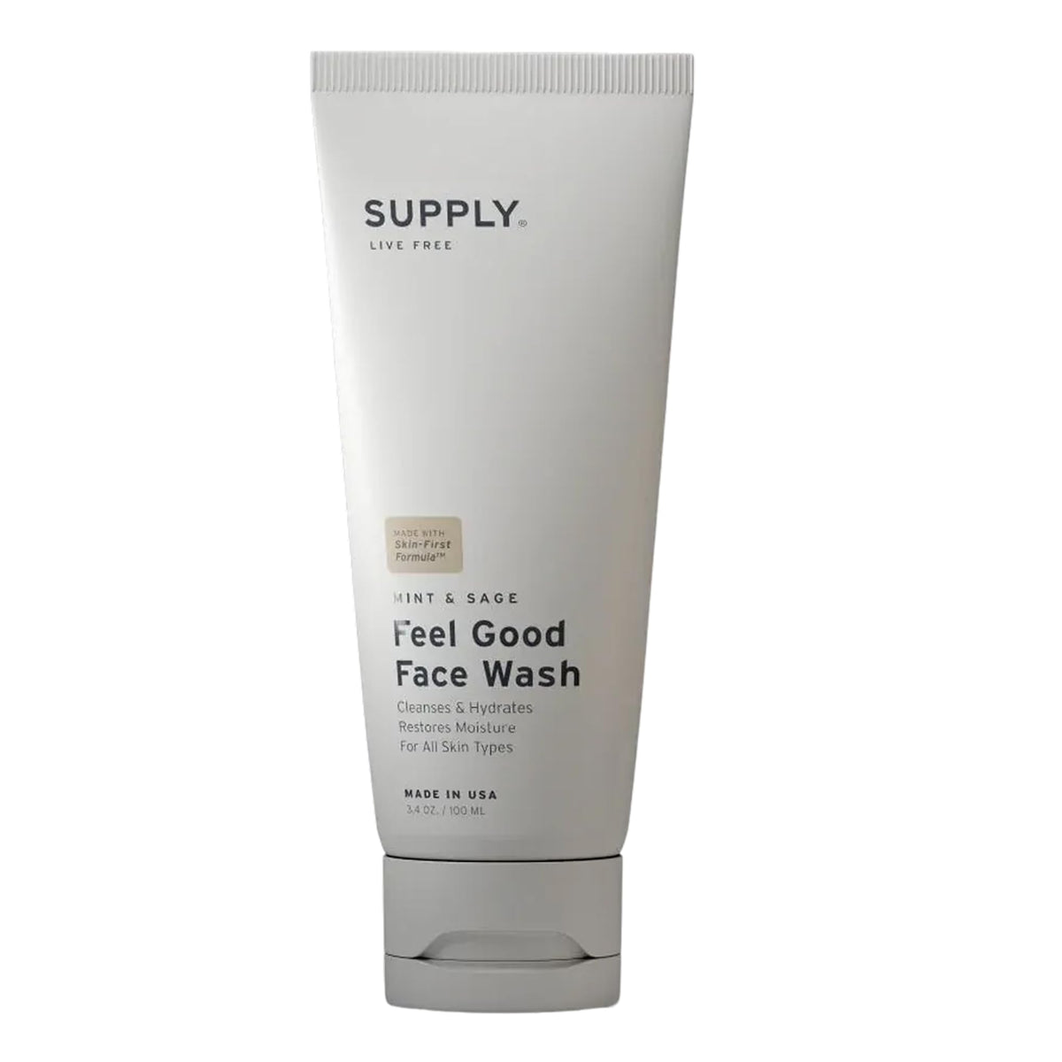 Supply Face Wash bottle front showing brand for a gentle exfoliating cleanse