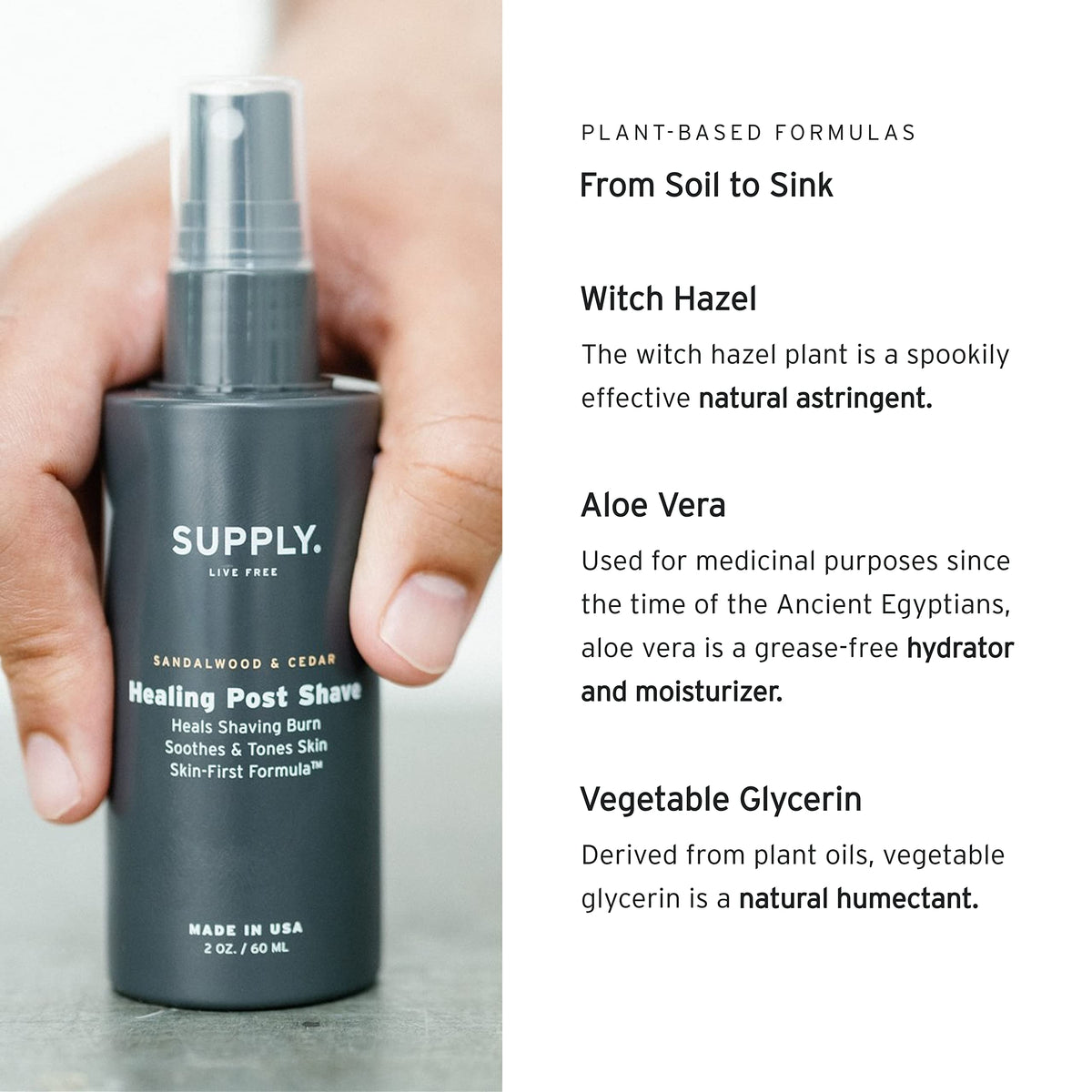 Supply Healing Post Shave spray application demonstrates quick, alcohol-free care.