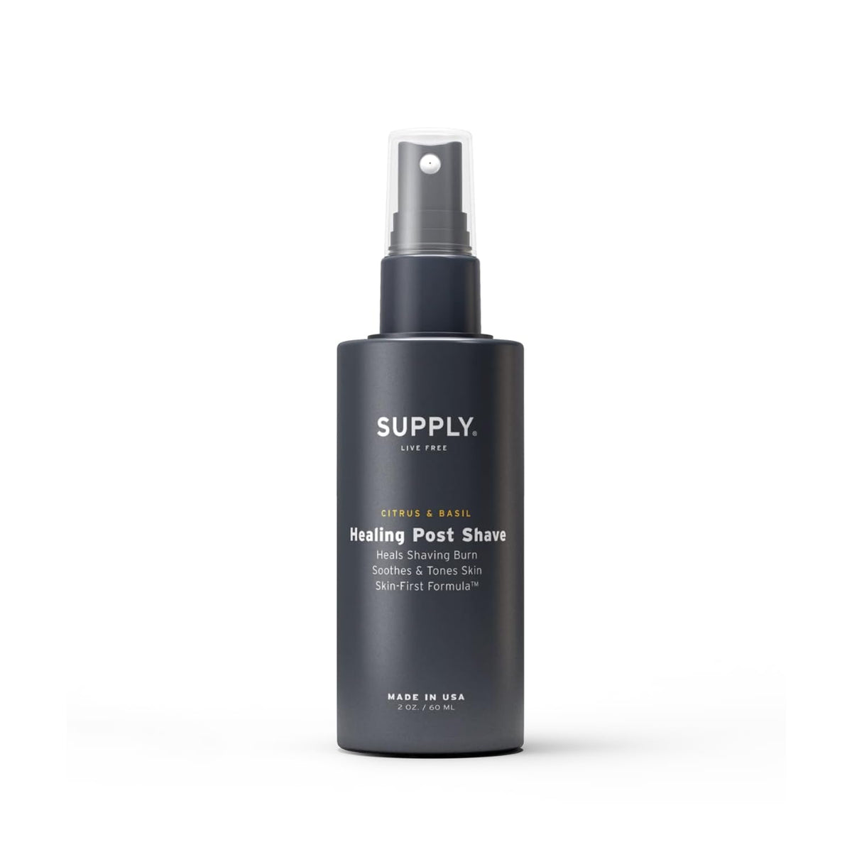 Supply Healing Post Shave bottle with citrus-basil scent for a refreshing post-shave