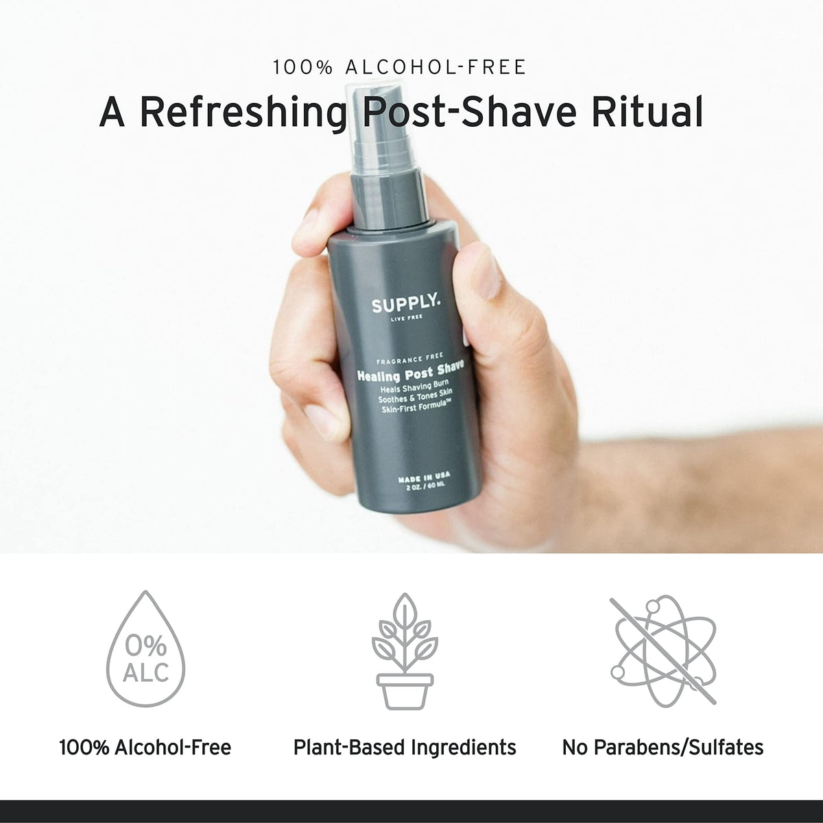 Supply Healing Post Shave spray application showing easy, alcohol-free soothing during routine
