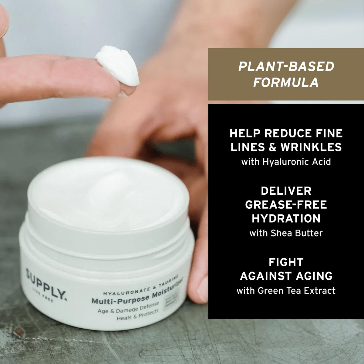 Supply hyaluronic acid and shea butter ingredients graphic highlights elasticity.