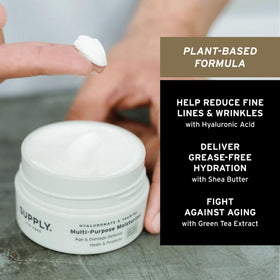 Supply hyaluronic acid and shea butter ingredients graphic highlights elasticity.