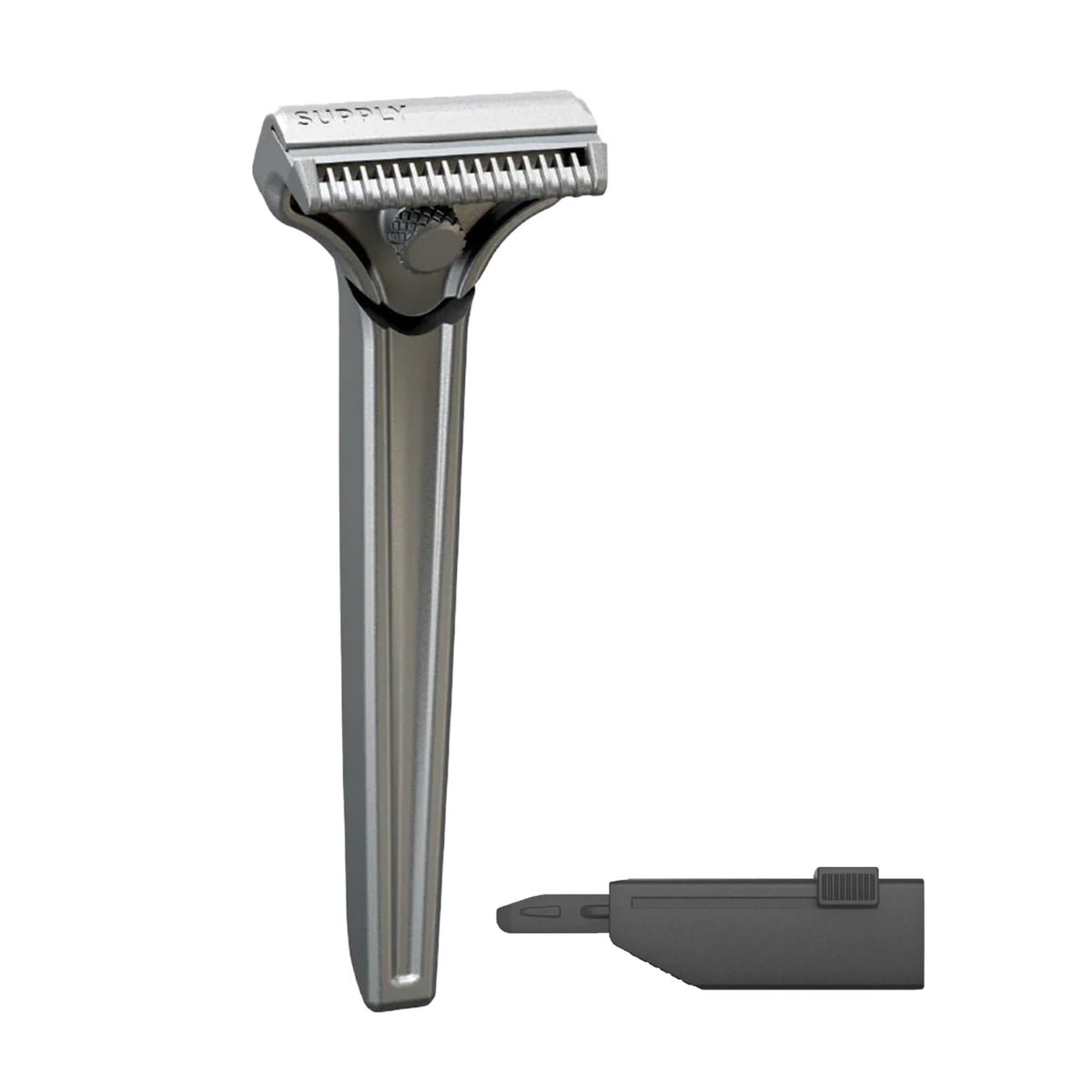 Supply Single Edge SE razor angled shot highlighting precision and control for a smooth, low-irritation shave.