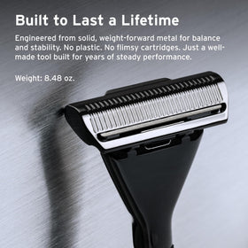 Supply Sterling finish packaging signaling premium razor experience.