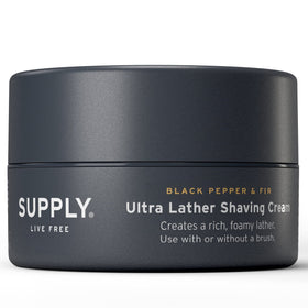 Supply Ultra Lather Shaving Cream jar with black pepper and fir for a gentle shave