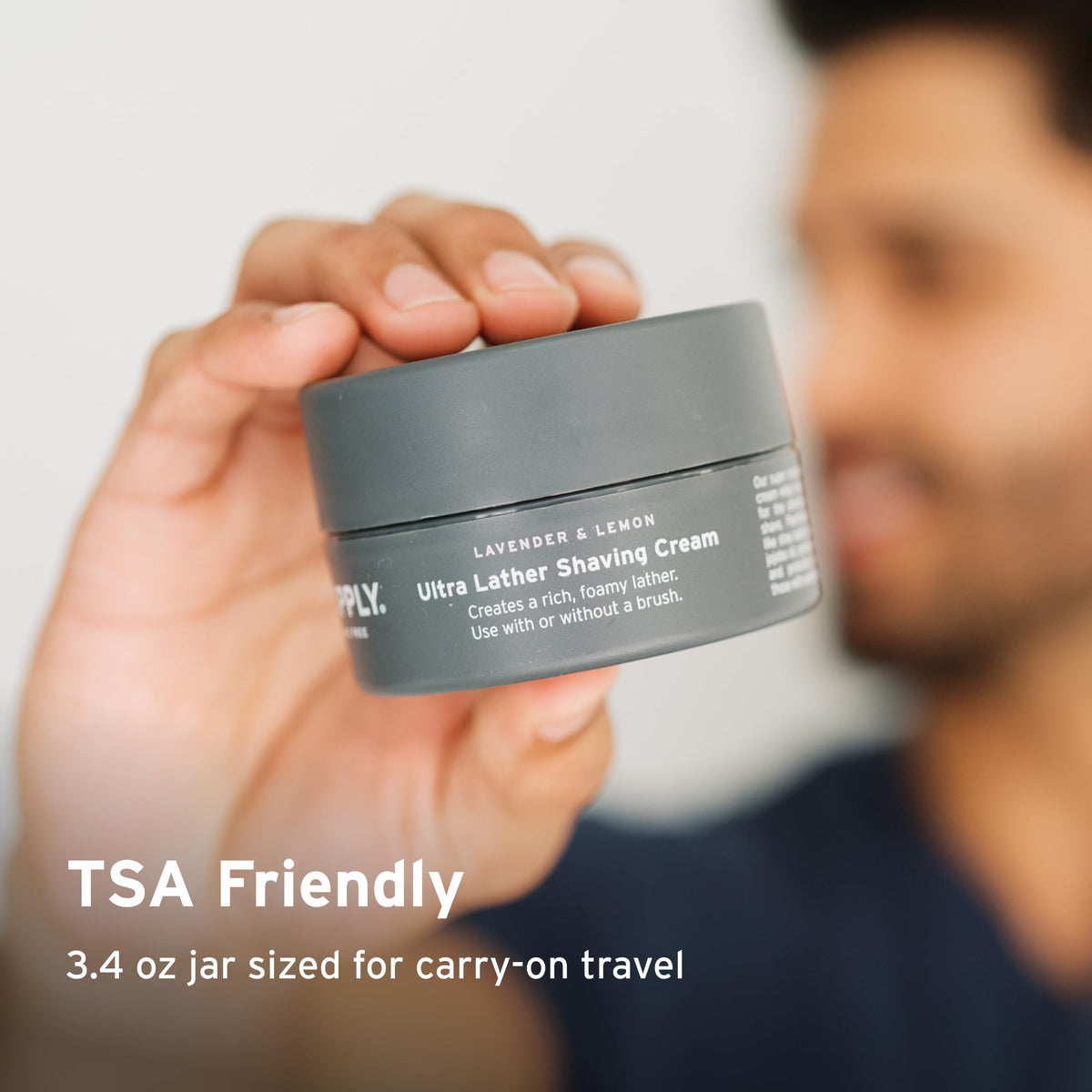 Supply Ultra Lather Shaving Cream travel jar packaging shown for on-the-go