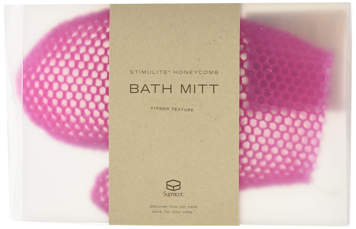 Supracor Stimulite Bath Mitt magenta side view shows textured surface for cleansing