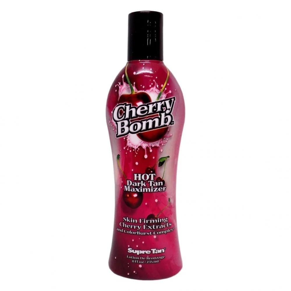 Supre Cherry Bomb bottle front view highlighting bold packaging for sun-ready skin