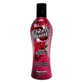 Supre Cherry Bomb bottle front view highlighting bold packaging for sun-ready skin