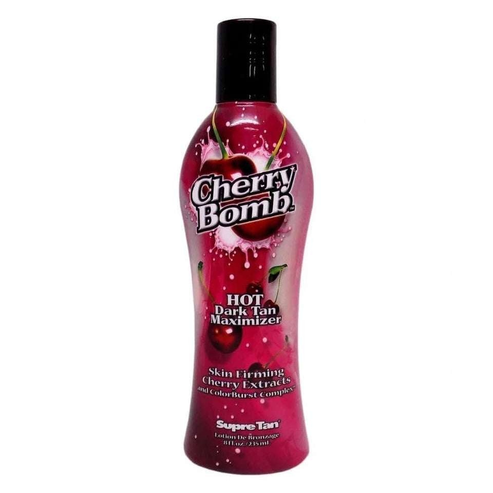 Supre Cherry Bomb bottle front view highlighting bold packaging for sun-ready skin