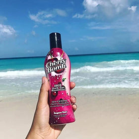 Supre Cherry Bomb bottle close-up shows smooth, quick-absorbing lotion texture